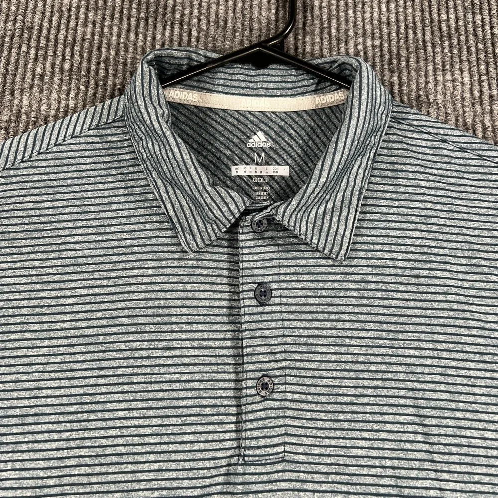 Adidas Golf Polo Shirt Mens‎ Medium Blue Gray Striped Short Sleeve Performance